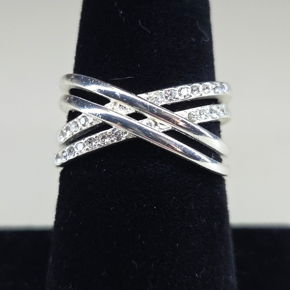 Silver Tone Multi Band Criss Cross X‎ Ring with Clear Crystals Size 8.5